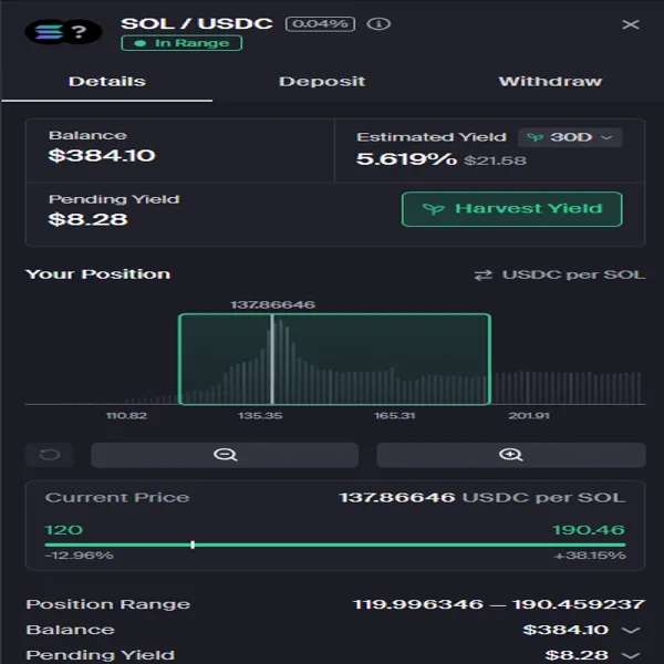 Captura da pool SOL/USDC em Kamino mostrando yield estimado, posição de range e rendimento pendente