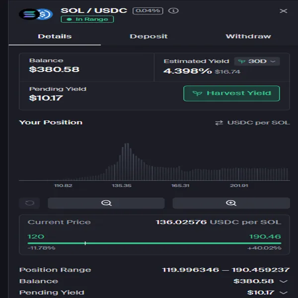 Captura da pool Solana SOL/USDC em range moderado, mostrando rendimento estimado, distribuição de liquidez e pending yield.