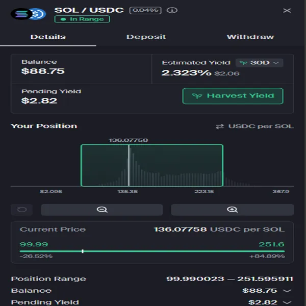 Captura da pool Solana SOL/USDC mostrando range ultra-wide, rendimento estimado, composição e pending yield.