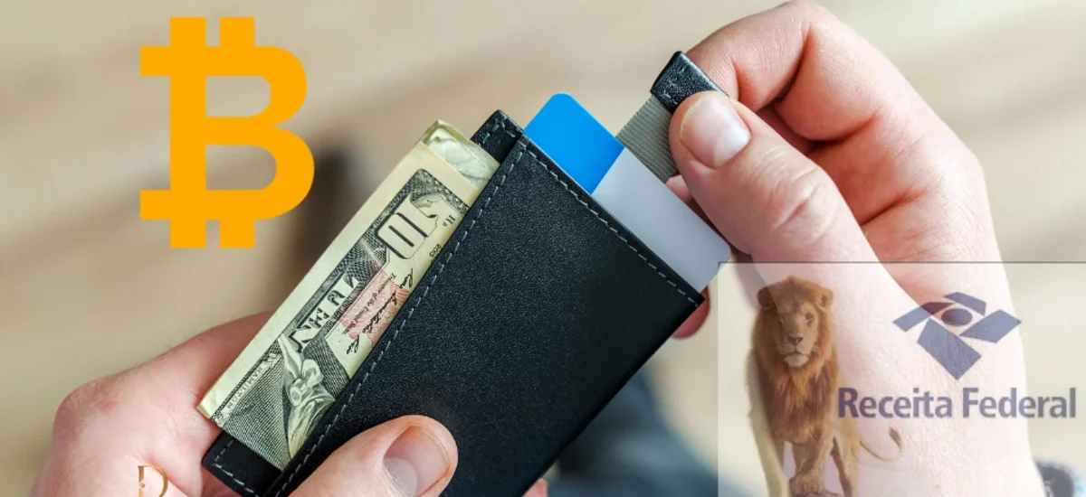 Carteira com dólar e cartões ao lado do símbolo do Bitcoin e logo da Receita Federal – guia Dama DeFi