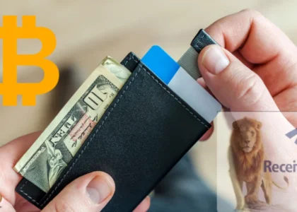 Carteira com dólar e cartões ao lado do símbolo do Bitcoin e logo da Receita Federal – guia Dama DeFi