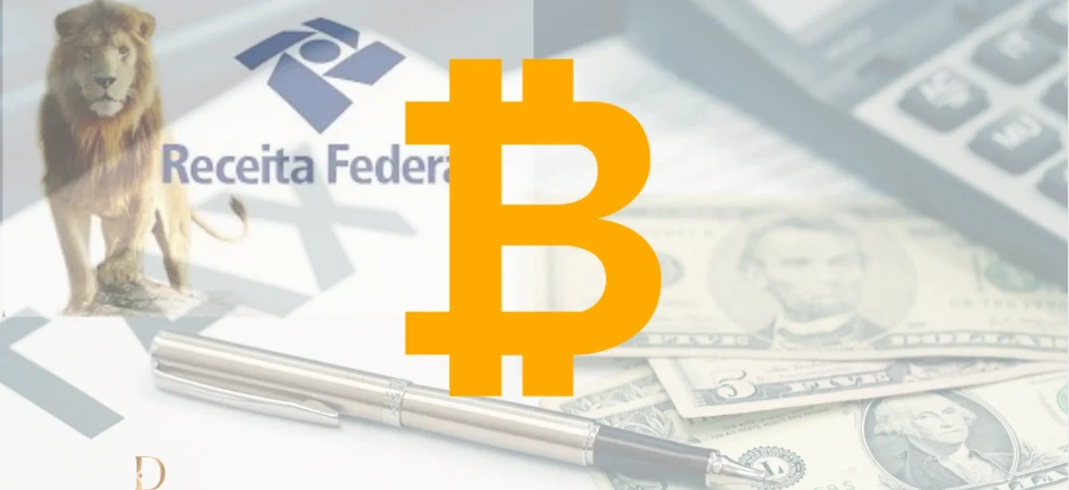Receita Federal e Bitcoin com símbolo de imposto e cédulas de dólar – guia Dama DeFi 2025