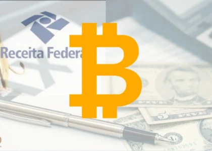 Receita Federal e Bitcoin com símbolo de imposto e cédulas de dólar – guia Dama DeFi 2025