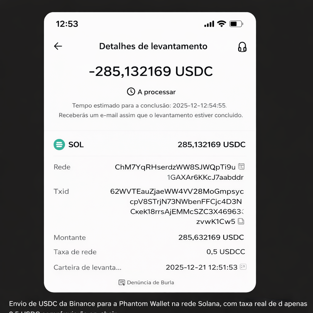 envio de usdc da binance para phantom wallet na rede solana com taxa de 0,5 usdc comprovado on-chain
