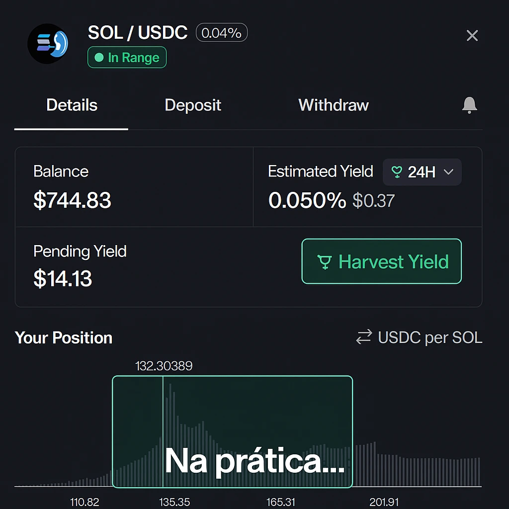 Captura de tela de uma posição SOL/USDC mostrando APY diário de 0.050%, pending yield de US$14.13 e faixa de liquidez concentrada no Orca. Exemplo real de rendimento no DeFi.