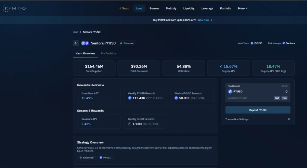 Interface do vault Sentora PYUSD na Kamino Finance exibindo total depositado, total emprestado, taxa de utilização, APY de fornecimento, APY médio de 90 dias e recompensas semanais em PYUSD e KMNO.