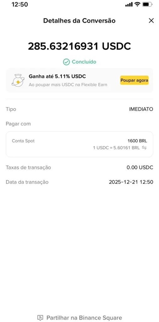 Depósito via PIX confirmado na Binance com conversão imediata de R$ 1.600 em USDC, mostrando valor convertido, taxa zero no PIX e saldo disponível para envio à Phantom Wallet.