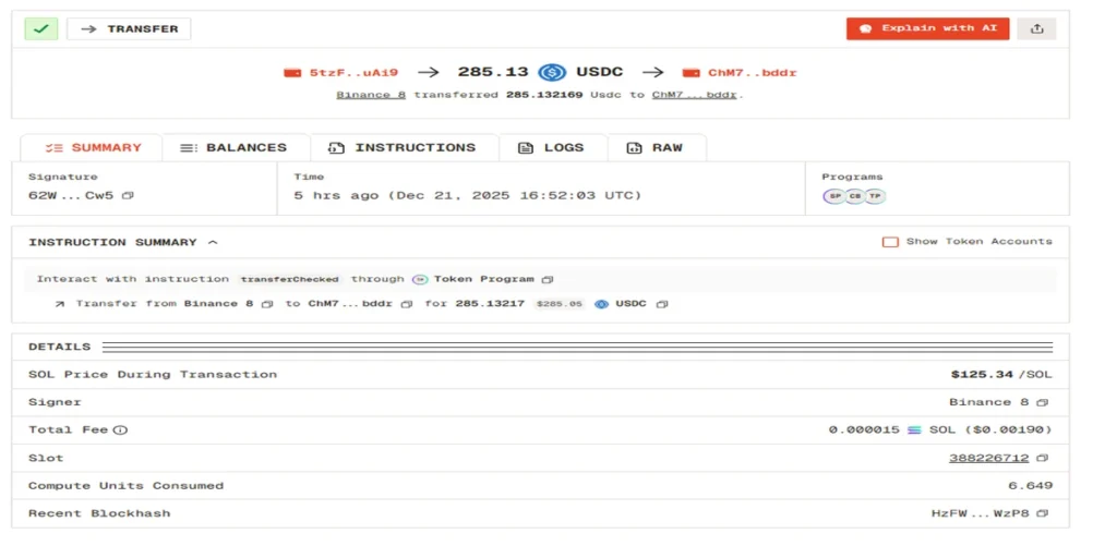 hash da transação on-chain na rede Solana mostrando envio de USDC da Binance para Phantom Wallet com taxa mínima e confirmação pública