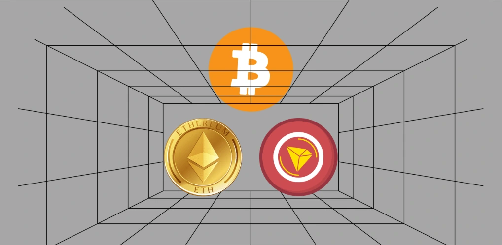 Comparação visual entre Bitcoin, Ethereum e TRON representando as principais rotas para envio de dinheiro e stablecoins com foco em custo, velocidade e eficiência