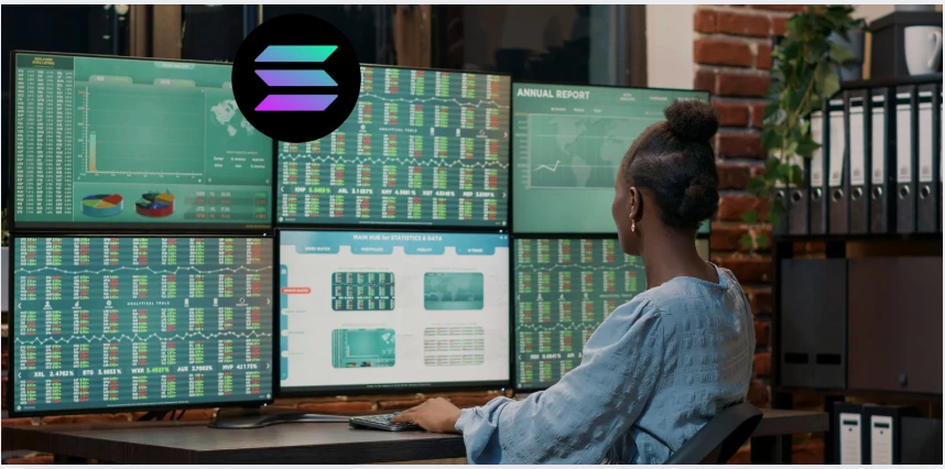 Pessoa analisando múltiplos painéis de dados financeiros e gráficos com o logo da Solana, representando operação avançada de pools de liquidez, gestão de range, hedge de upside e tomada de decisão baseada em dados no ecossistema Solana DeFi.