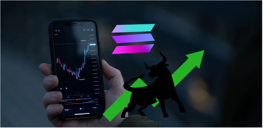 Mão segurando smartphone com gráfico de preço em alta, ao lado do logo da Solana e símbolo de bull market, representando estratégia de pools de liquidez no bull market, gestão de range e hedge de upside para manter exposição à valorização da Solana.