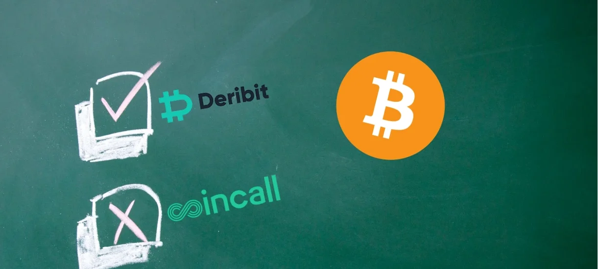 Comparação visual entre corretoras de opções Bitcoin, destacando Deribit como infraestrutura adequada e Coincall como não recomendada para estratégias de venda de prêmio, com ícone do Bitcoin ao centro.