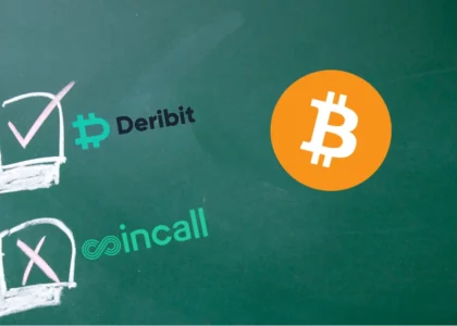 Comparação visual entre corretoras de opções Bitcoin, destacando Deribit como infraestrutura adequada e Coincall como não recomendada para estratégias de venda de prêmio, com ícone do Bitcoin ao centro.