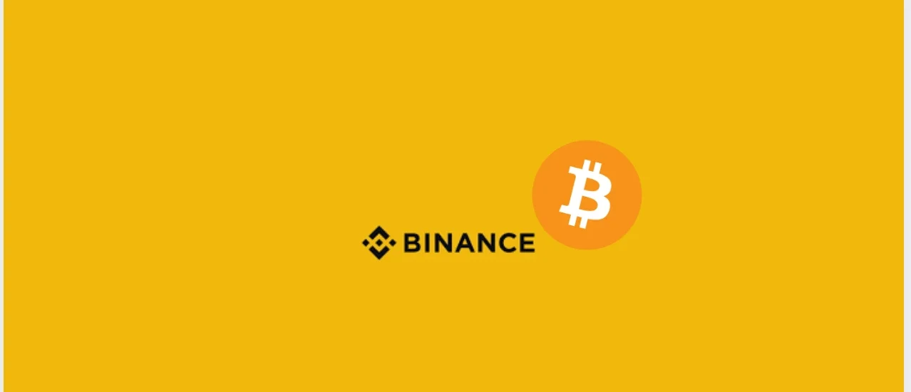Imagem minimalista em fundo amarelo com o logotipo da Binance ao centro e o símbolo do Bitcoin à direita, representando a operação de opções de Bitcoin na Binance como infraestrutura inicial para derivativos cripto.