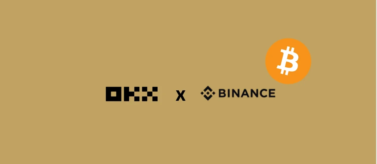Imagem comparativa com os logotipos da OKX e da Binance lado a lado, acompanhados do símbolo do Bitcoin, representando a decisão entre infraestruturas para operar opções de Bitcoin.