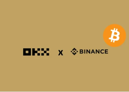 Imagem comparativa com os logotipos da OKX e da Binance lado a lado, acompanhados do símbolo do Bitcoin, representando a decisão entre infraestruturas para operar opções de Bitcoin.