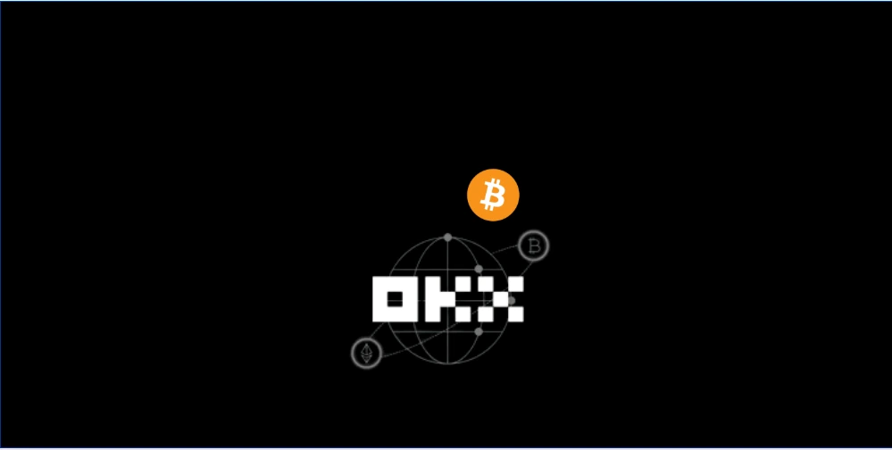 Imagem em fundo preto com o logotipo da OKX ao centro, elementos gráficos de rede global e o símbolo do Bitcoin acima, representando a infraestrutura da OKX para operar opções de Bitcoin de forma estruturada.