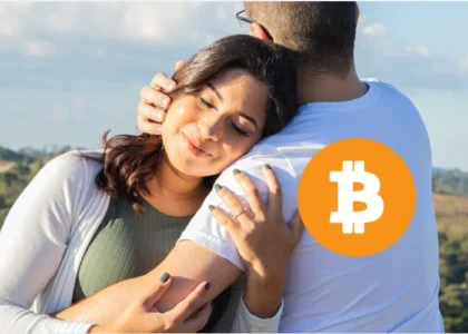 Casal se abraçando em ambiente natural simbolizando segurança, continuidade e herança patrimonial com Bitcoin e criptoativos no longo prazo