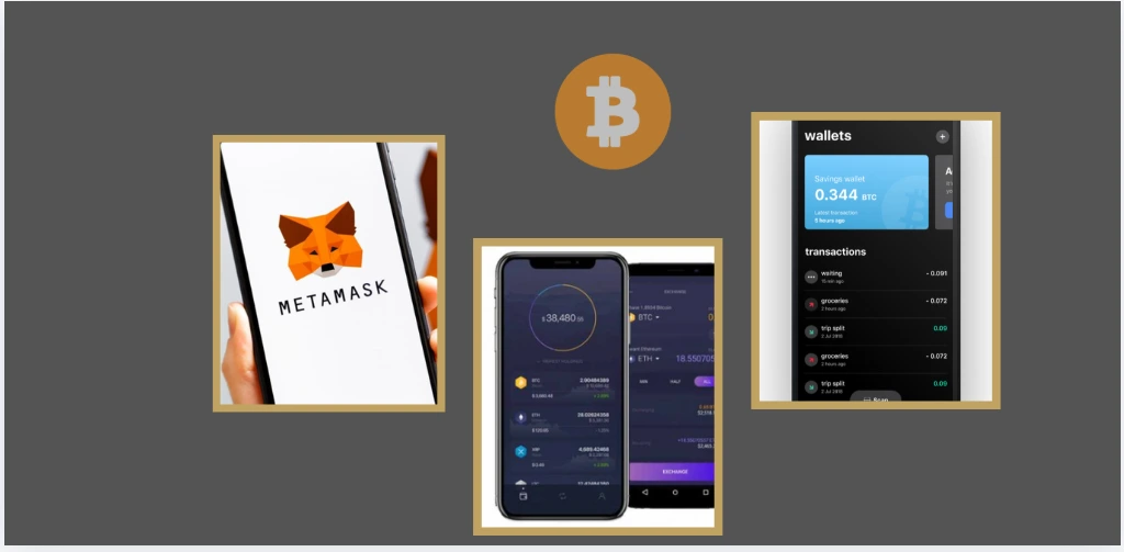 Aplicativos de hot wallet como MetaMask, BlueWallet e Exodus exibidos em smartphones, representando acesso rápido e gestão cotidiana de Bitcoin e criptoativos em carteiras digitais