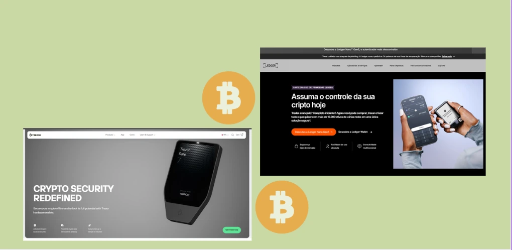 Sites oficiais e dispositivos de cold wallet como Ledger e Trezor, representando custódia offline, alta segurança e proteção de Bitcoin para sucessão patrimonial