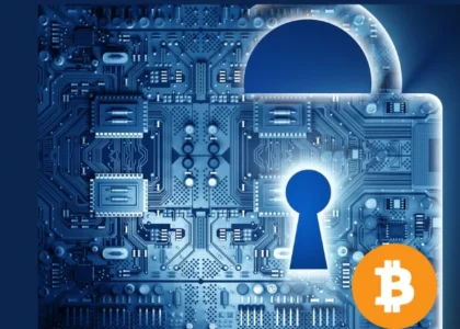 Cadeado digital em forma de circuito eletrônico representando segurança e custódia de Bitcoin, com símbolo do Bitcoin destacando proteção patrimonial e sucessão digital