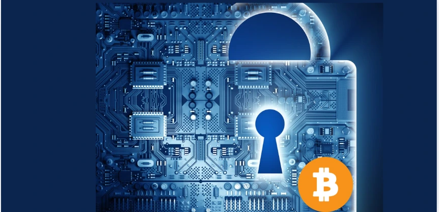 Cadeado digital em forma de circuito eletrônico representando segurança e custódia de Bitcoin, com símbolo do Bitcoin destacando proteção patrimonial e sucessão digital