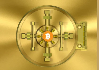 Cofre dourado com símbolo do Bitcoin ao centro, representando custódia segura, multisig e proteção patrimonial no planejamento sucessório em Bitcoin