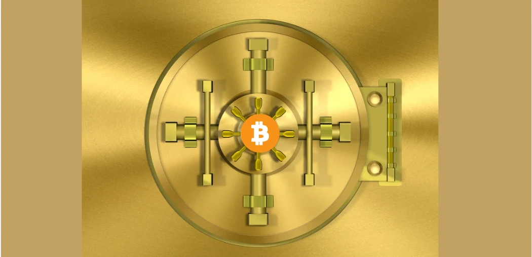 Cofre dourado com símbolo do Bitcoin ao centro, representando custódia segura, multisig e proteção patrimonial no planejamento sucessório em Bitcoin