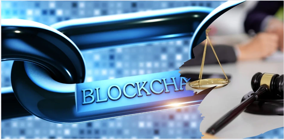 Ilustração comparando sucessão tradicional e sucessão com Bitcoin, com corrente de blockchain em primeiro plano, balança da justiça e martelo de juiz ao fundo, simbolizando a transição entre sistemas jurídicos e ativos digitais.