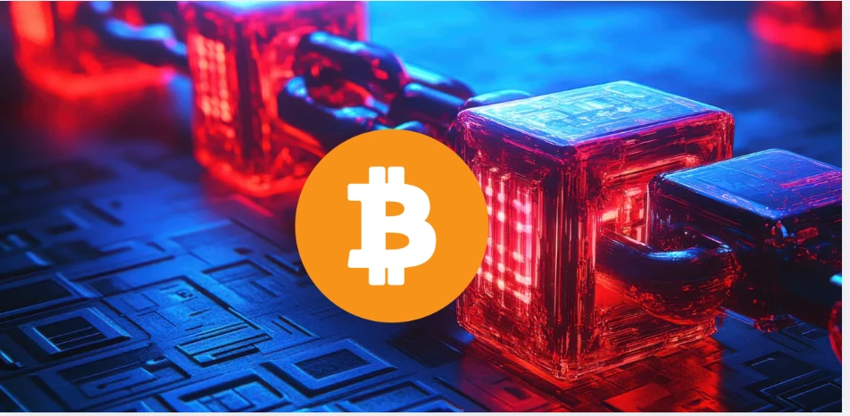 Ilustração de blocos conectados em uma corrente digital com símbolo do Bitcoin ao centro, representando a estrutura de payoff em opções de Bitcoin, a venda de prêmio, o efeito do tempo e a gestão de risco no mercado cripto.