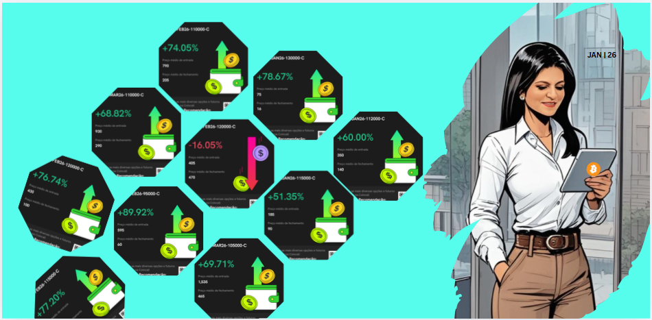 Painel com múltiplos registros de operações de opções de Bitcoin mostrando percentuais de ROI, incluindo ganhos elevados e uma perda controlada, como prova operacional dos dividendos sintéticos em janeiro de 2026.