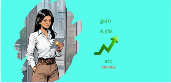 Ilustração da Dama DeFi acompanhando resultados no celular, com indicação visual de ganho de 8,4% obtido por meio de opções de Bitcoin em janeiro de 2026.