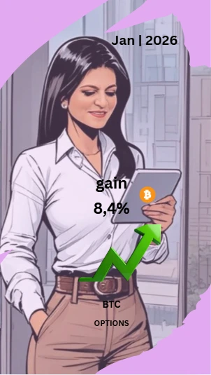 Dama Talk Janeiro 2026 com resultado de 8,4% em dividendos sintéticos via opções de Bitcoin, ilustrando consistência, gestão de risco e geração de renda em USDT