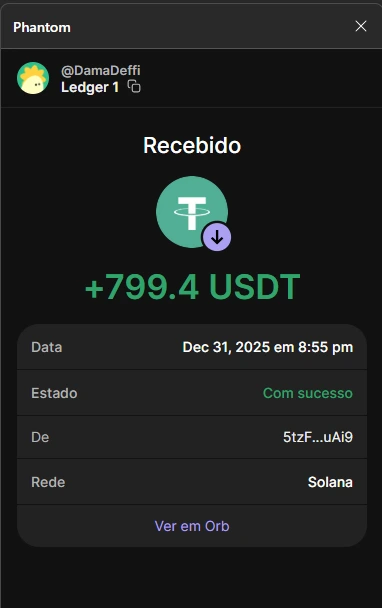 Recebimento de 799,4 USDT na Phantom Wallet pela rede Solana com transação confirmada e liquidação imediata