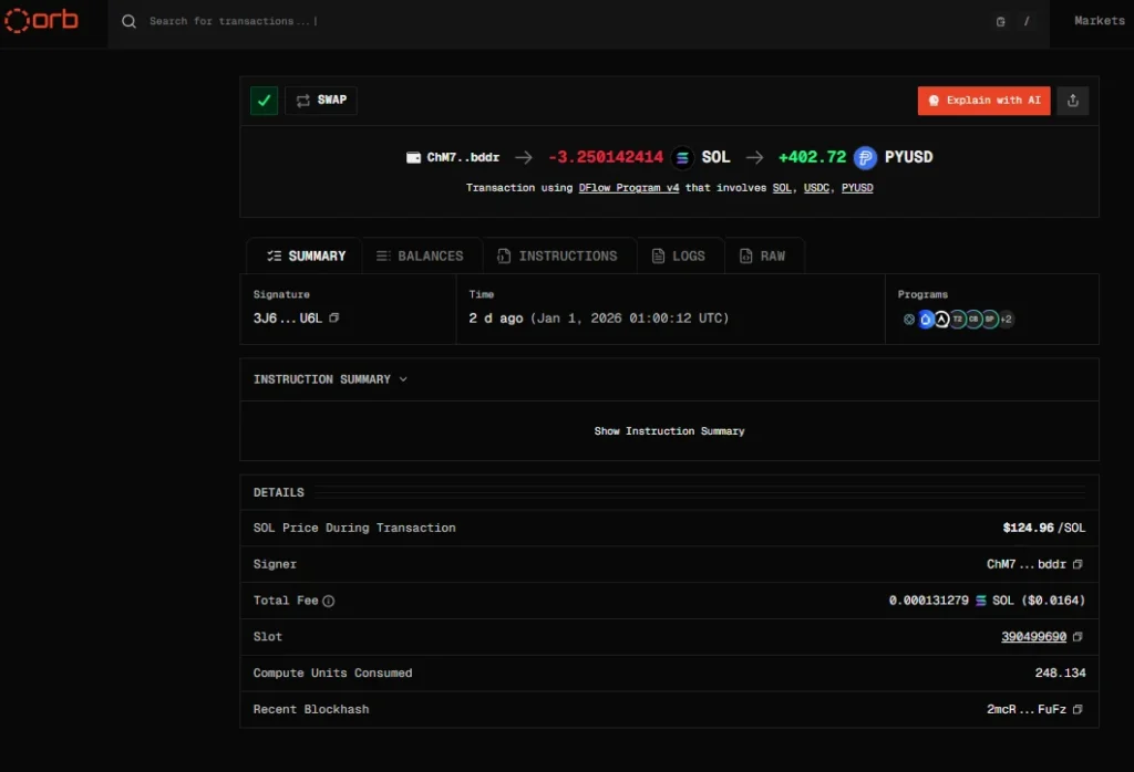 Tela do explorer Orb mostrando swap de SOL para PYUSD na blockchain Solana, com valor superior a US$ 400 e taxa de rede próxima de zero