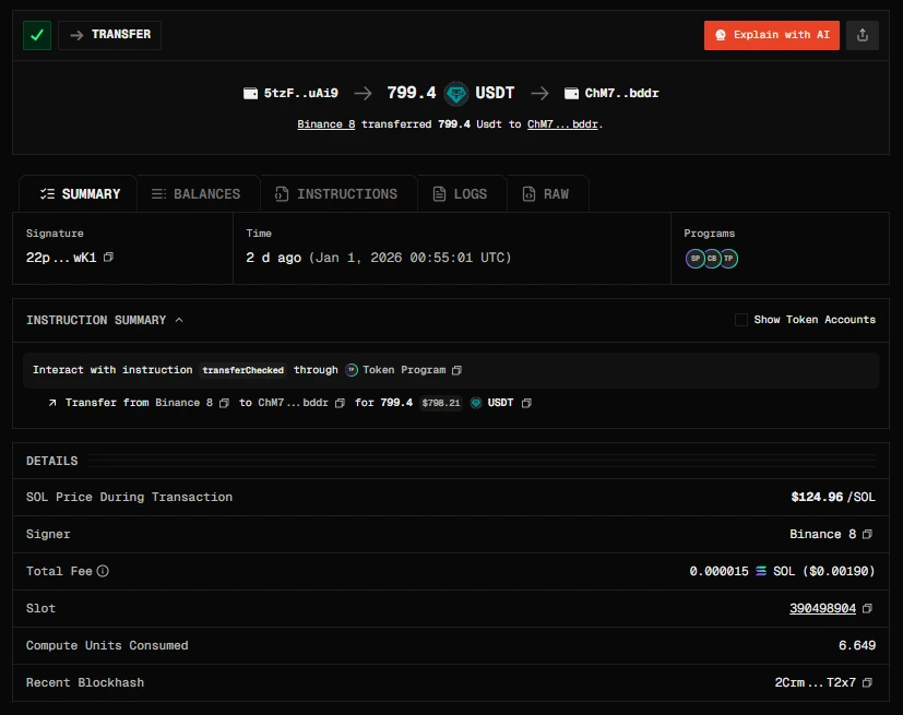 Hash de transação on-chain na rede Solana mostrando transferência de 799,4 USDT com taxa de aproximadamente US$ 0,01
