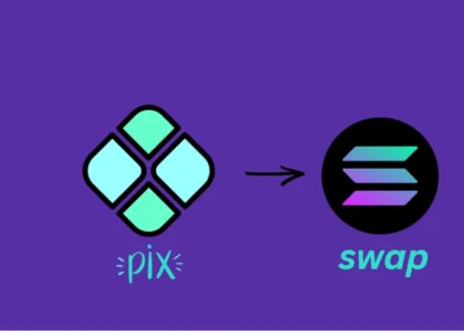 Ilustração comparando Pix e swap on-chain na Solana, mostrando a troca de valor do Pix para o ecossistema cripto como Pix global
