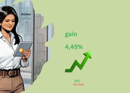 Ilustração do Dama Talk dezembro de 2025 mostrando ganho real de 4,45% com estratégias de opções em Bitcoin, representando a geração de renda recorrente sem venda do ativo.