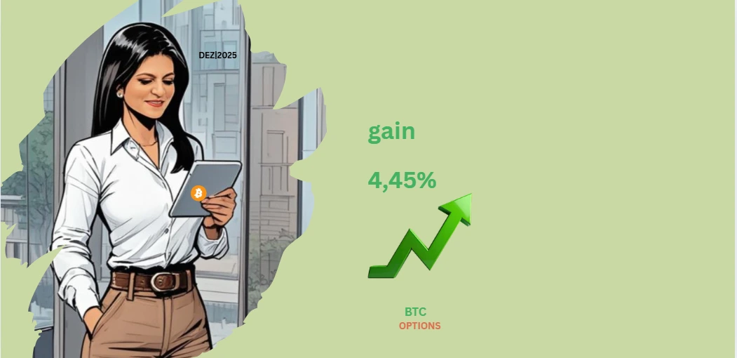 Ilustração do Dama Talk dezembro de 2025 mostrando ganho real de 4,45% com estratégias de opções em Bitcoin, representando a geração de renda recorrente sem venda do ativo.