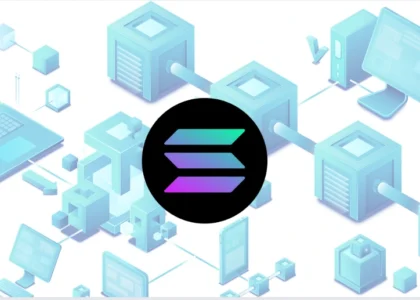 Ilustração do ecossistema Solana mostrando pools de liquidez, servidores conectados e infraestrutura blockchain, representando transações rápidas, taxas mínimas e funcionamento semelhante ao Pix global no DeFi