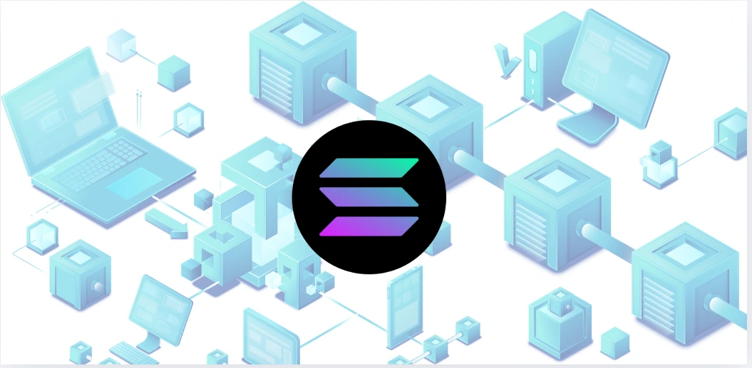 Ilustração do ecossistema Solana mostrando pools de liquidez, servidores conectados e infraestrutura blockchain, representando transações rápidas, taxas mínimas e funcionamento semelhante ao Pix global no DeFi