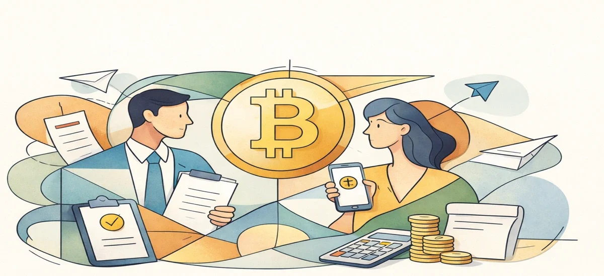 Ilustração minimalista em estilo cubista inspirada em Picasso, com figuras humanas abstratas, símbolo do Bitcoin ao centro, documentos fiscais, calculadora e moedas, representando a relação entre Bitcoin, nota fiscal e obrigações tributárias.