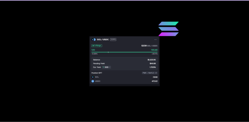 Painel de pool SOL/USDC na Solana exibindo range longo entre US$120 e US$190, posição in range e foco em estratégia de liquidez com capital paciente, priorizando tempo em produção, proteção de capital e captura gradual de upside.