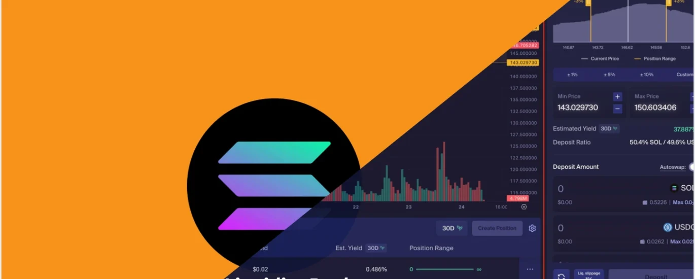 Interface de pool de liquidez em Solana mostrando definição de faixa de preço, estimativa de yield e depósito em par SOL com stablecoin dentro de uma DEX DeFi