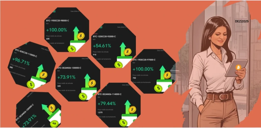Prints das operações de opções de Bitcoin do Dama Talk em dezembro de 2025, mostrando resultados positivos em CALLs OTM como prova real de execução e captura de prêmio.