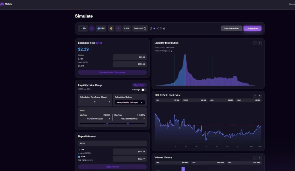 Simulação de pool de liquidez SOL/USDC na Orca com 1 SOL, range conservador e yield estimado de 7% ao ano

