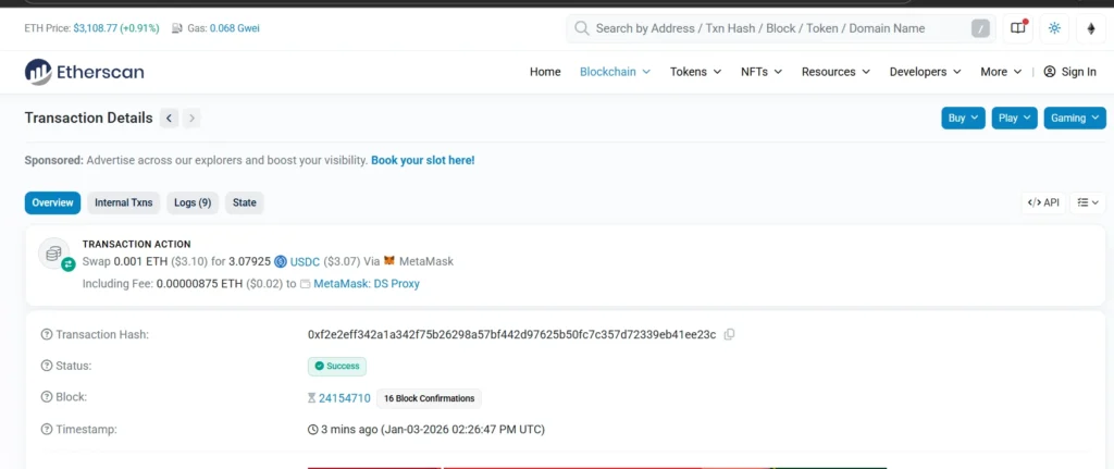 Página do Etherscan exibindo os detalhes da transação de swap ETH para USDC, incluindo hash, bloco, confirmações e taxa de gás paga