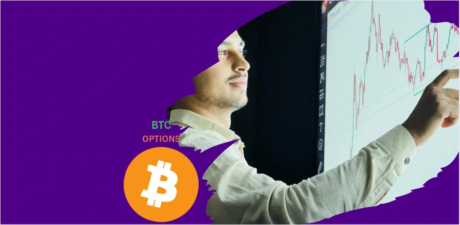 Trader analisando gráfico de opções de Bitcoin em tela digital, com foco em estratégias de venda de prêmio e leitura de volatilidade implícita