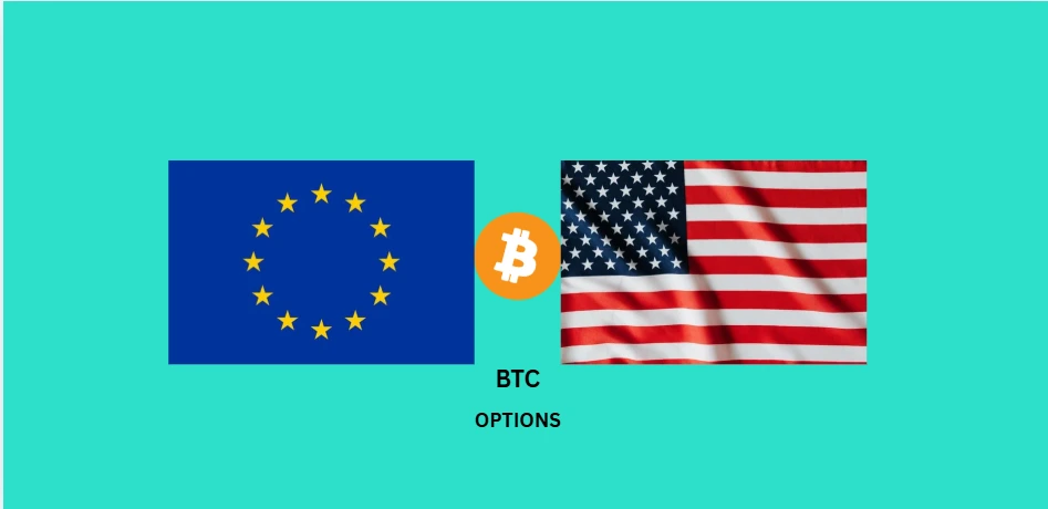 Comparação visual entre opções europeias e americanas aplicadas ao Bitcoin, com bandeira da União Europeia e bandeira dos Estados Unidos separadas pelo símbolo do Bitcoin