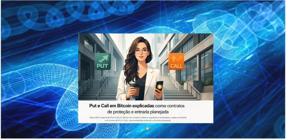 Put e Call em Bitcoin explicadas como contratos de proteção e entrada planejada, com a Dama DeFi ao centro em cenário moderno de arquitetura industrial, representando opções de Bitcoin, venda de prêmio, payoff estruturado e controle de risco.